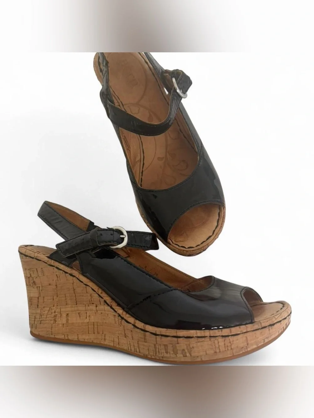 Born Black Patent Leather Cork Wedge Peep Toe Platform Sandals Size 8 Resortwear